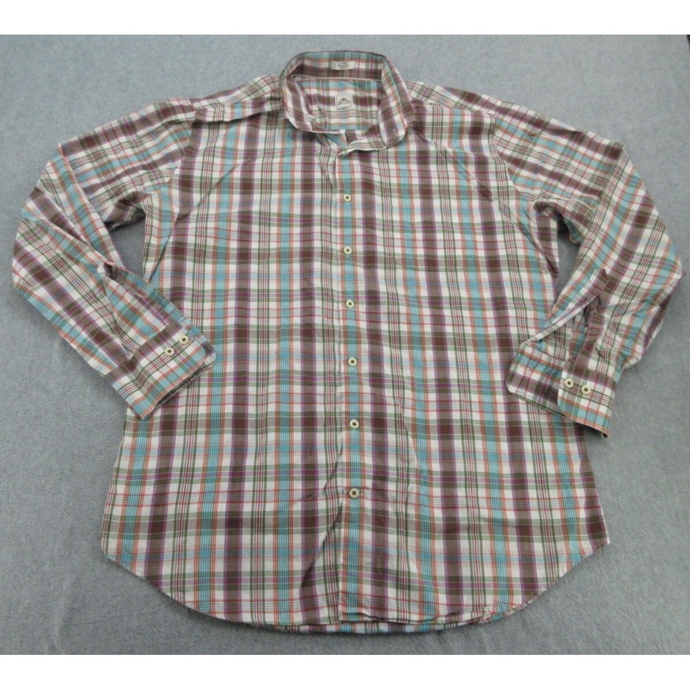 Peter Millar Mens Button Down Regular Multi Plaid Herringbone Cotton Large